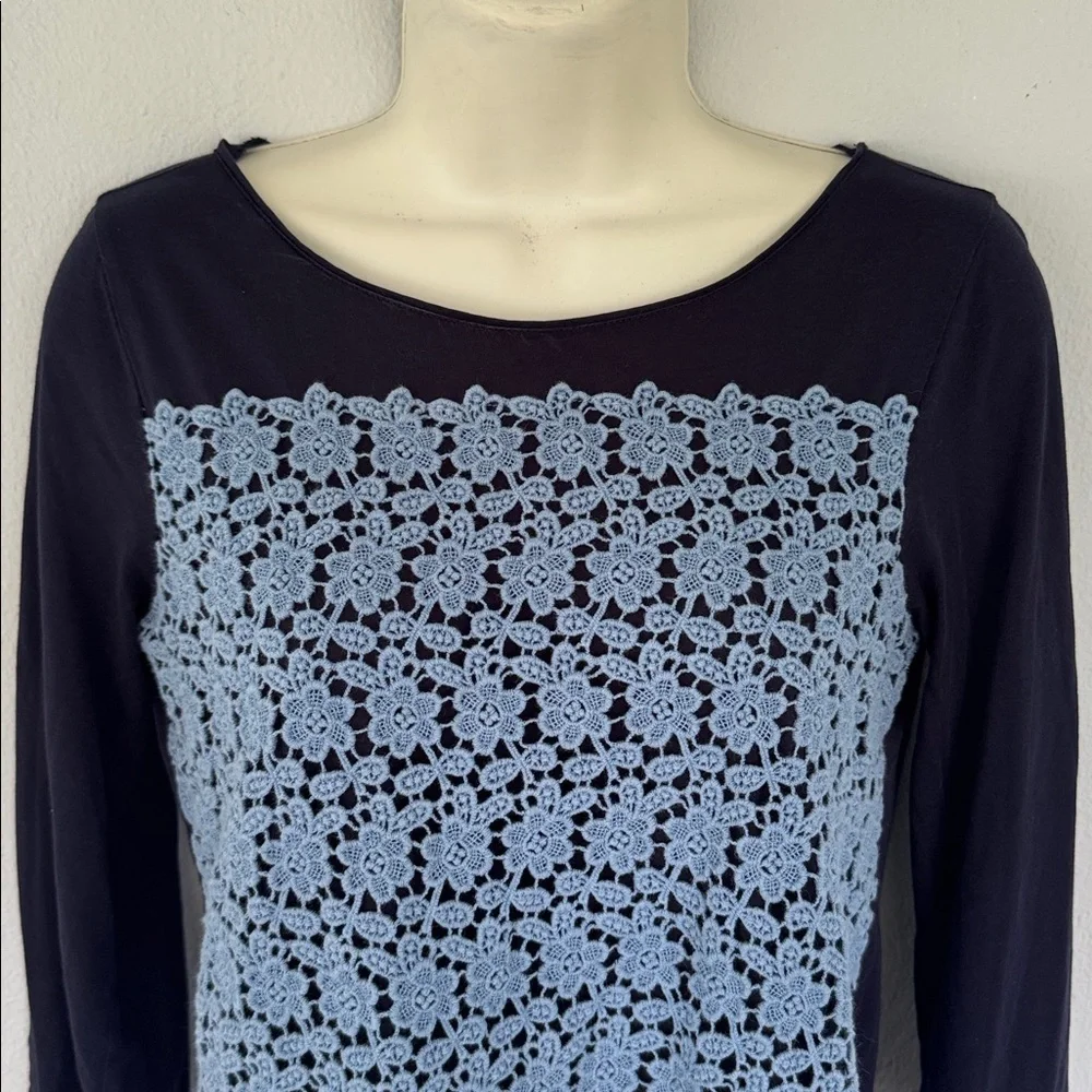 J. Crew blue floral textured eyelet lace 3/4 sleeve cotton knit top size XS